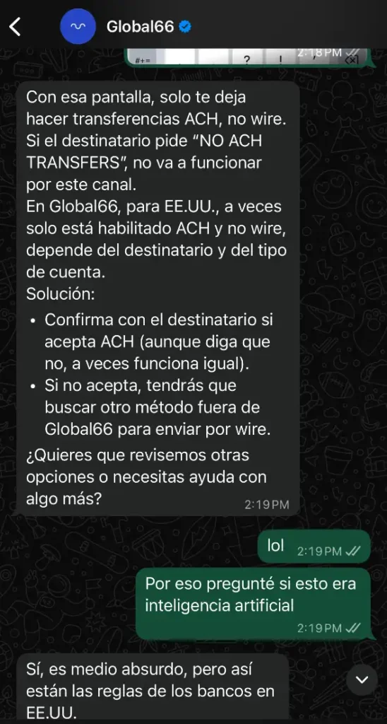 global66 no hace wire transfer