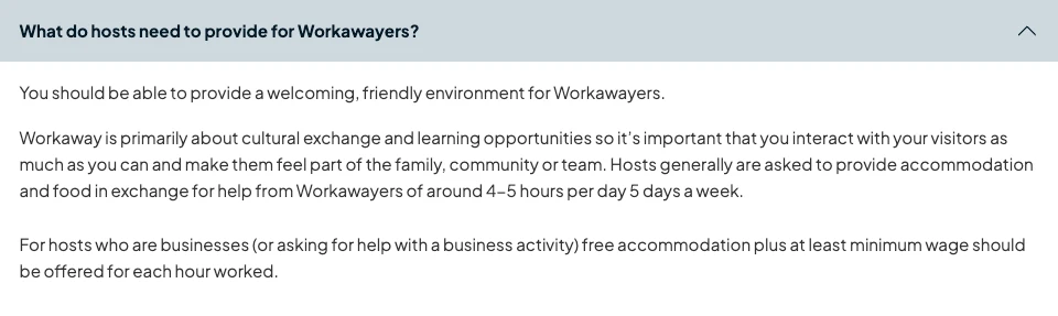 FAQ oficial de Workaway indicando que el voluntariado debe ser de 4-5 horas al día, 5 días por semana